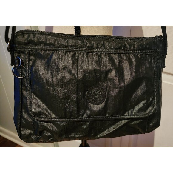 Rare KIPLING Live Light Black Sheen CROSSBODY Nylon FrontFlap Purse ShoulderBag - Picture 4 of 10